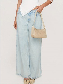 1pc Women'S Casual Cotton Wide Leg Jeans - Solid Color Low Waist Loose Fit with Pockets for Spring/Fall Season