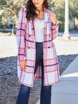 Chic Women's Plaid Long Coat - Double-Breasted, Lapel Collar with Full-Length Sleeves | Warm & Cozy for Fall/Winter | Machine Washable Chic Women's Plaid Long Coat - Double-Breasted, Lapel Collar with Full-Length Sleeves | Warm & Cozy for Fall/Winter | Machine Washable