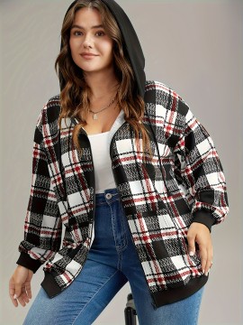 1pc Plus Size Women'S Casual Gingham Hooded Jacket - Polyester Blend, Slight Stretch, Woven Zip-Up Hoodie for Spring/Fall 1pc Plus Size Women'S Casual Gingham Hooded Jacket - Polyester Blend, Slight Stretch, Woven Zip-Up Hoodie for Spring/Fall