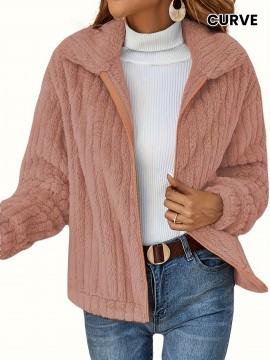 Women's Plus Size Teddy Fleece Coat - Warm And Cozy Long Sleeve Jacket With Ribbed Detail And Lapel Collar Women's Plus Size Teddy Fleece Coat - Warm And Cozy Long Sleeve Jacket With Ribbed Detail And Lapel Collar