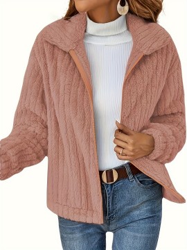Women's Plus Size Teddy Fleece Coat - Warm And Cozy Long Sleeve Jacket With Ribbed Detail And Lapel Collar Women's Plus Size Teddy Fleece Coat - Warm And Cozy Long Sleeve Jacket With Ribbed Detail And Lapel Collar
