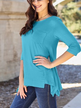 Soft & Stretchy Women's Casual T-Shirt - Solid Pink with Asymmetrical Hem, Round Neck, and Pocket Detail - Perfect for Spring/Summer Soft & Stretchy Women's Casual T-Shirt - Solid Pink with Asymmetrical Hem, Round Neck, and Pocket Detail - Perfect for Spring/Summer