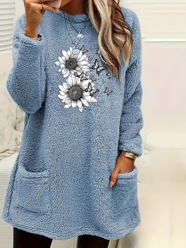 Cozy Plus Size Sunflower Print Sweatshirt with Pockets - Casual Long Sleeve Crew Neck Pullover for Women, Perfect for Fall & Winter Cozy Plus Size Sunflower Print Sweatshirt with Pockets - Casual Long Sleeve Crew Neck Pullover for Women, Perfect for Fall & Winter
